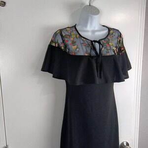 Jealous Tomato Dress Womens Medium Black Embroidered Mesh Yoke Ruffle Cape Shift